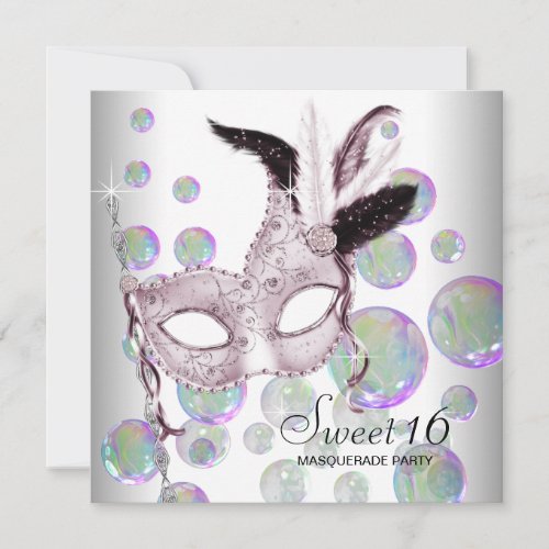 White Pink Bubbles Sweet Sixteen Masquerade Party Invites