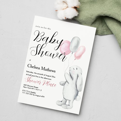 White pink bunny party balloons Baby Shower Invitation