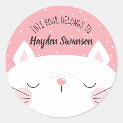 White &amp; Pink Cat | This Book Belongs To Classic Round Sticker