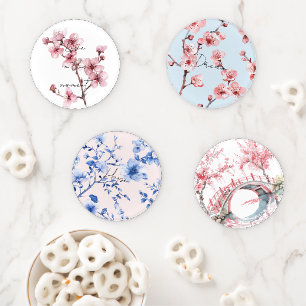 White Pink Cherry Blossom Floral Coaster Set
