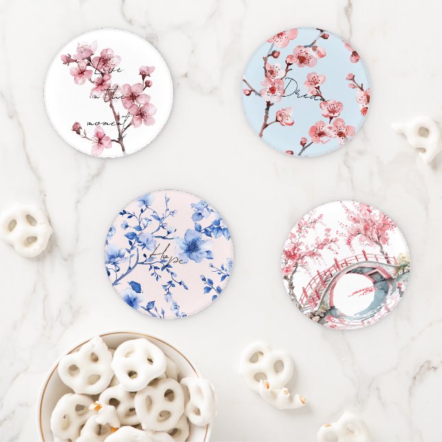 White Pink Cherry Blossom Floral  Coaster Set (In Situ)
