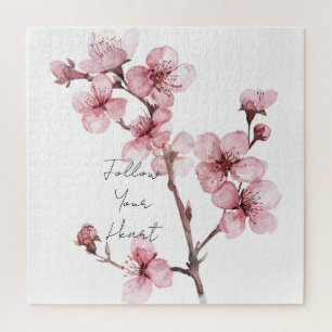 White Pink Cherry Blossom Floral Jigsaw Puzzle