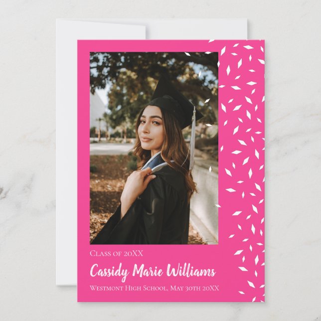 White Pink Confetti Graduation Announcement (Front)