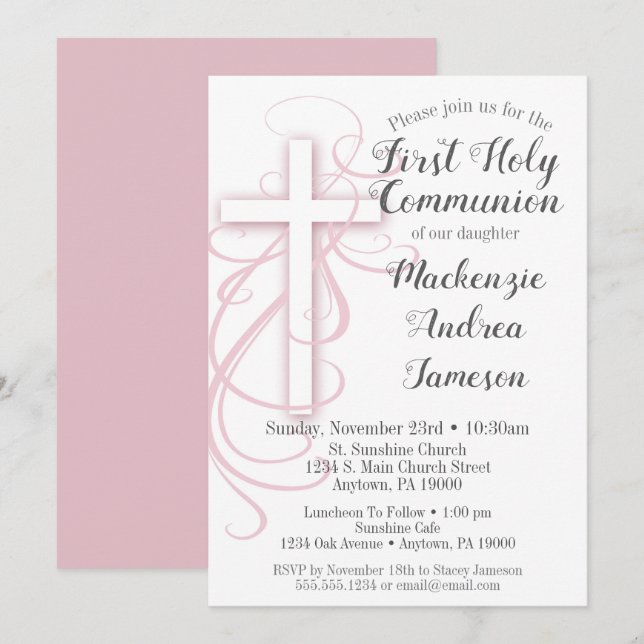 White Pink Cross First Holy Communion Invitation (Front/Back)