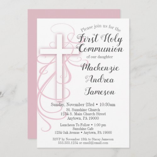 White Pink Cross First Holy Communion Invitation
