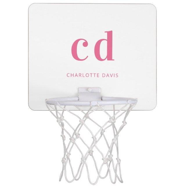 White pink custom monogram initials name  mini basketball hoop (Front)