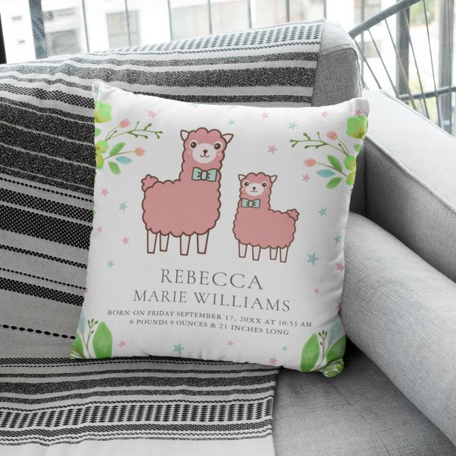 White Pink Cute Llama Baby Girl Birth Stats Throw Pillow (Creator Uploaded)