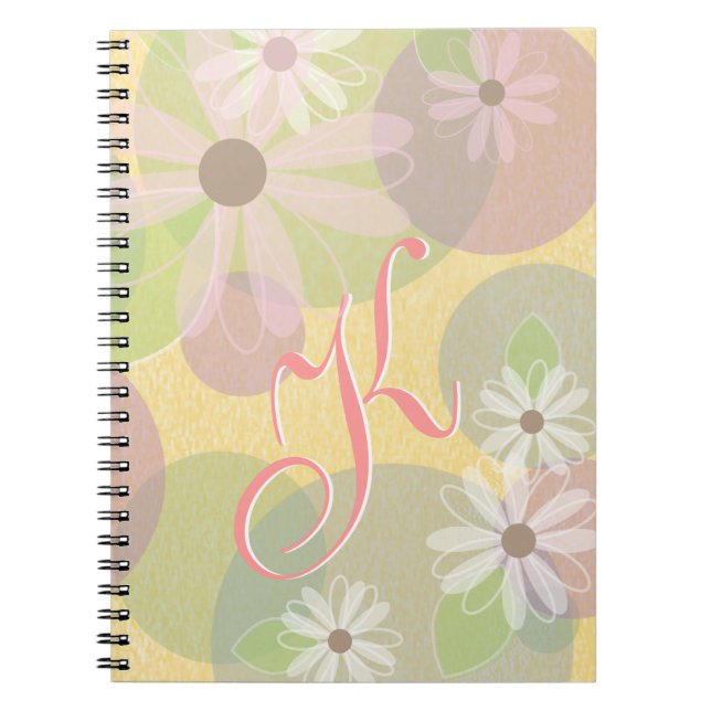 White & Pink Daisies & Colored Circles Monogram Notebook (Front)