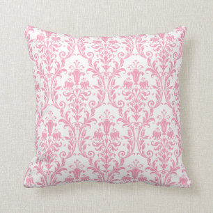 White & Pink Damask Floral Swirls 3 Throw Pillow