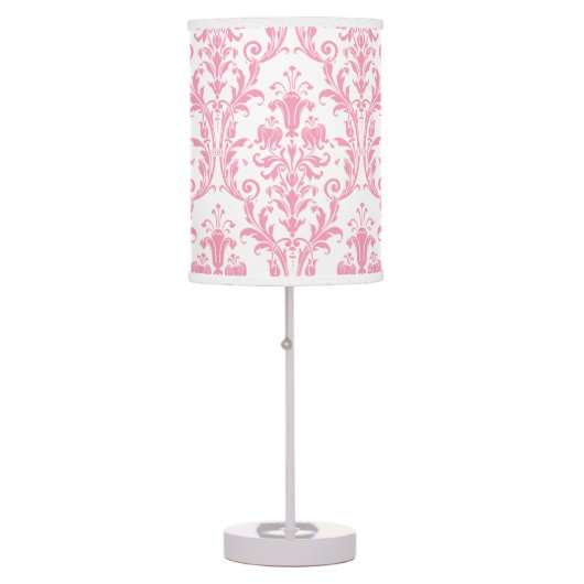 White & Pink Damask Floral Swirls Table Lamp (Front)