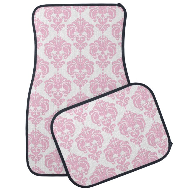 White & Pink Damask Modern Trendy Pattern Glam Car Mat (Set)