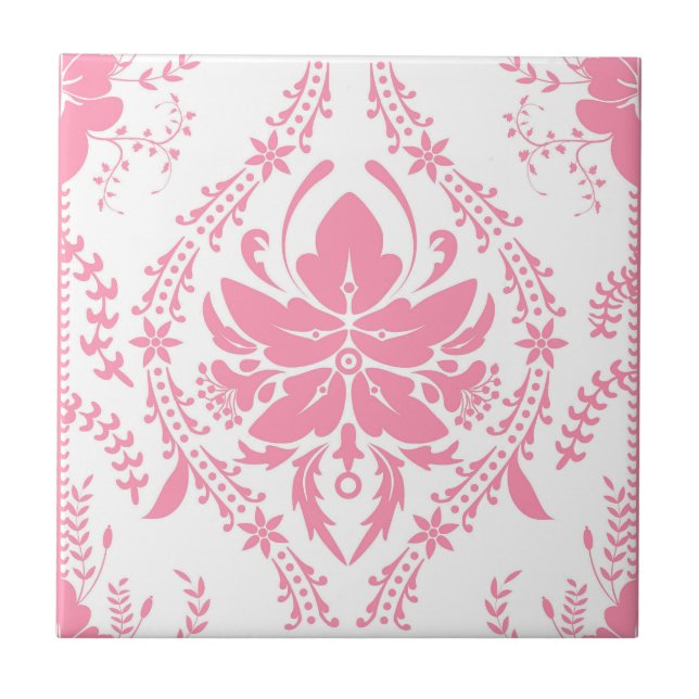 white pink damask pattern  ceramic tile (Front)