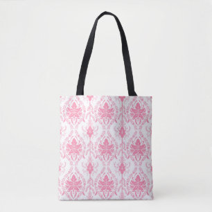 white pink damask pattern tote bag