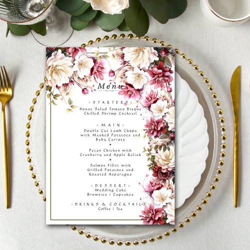 White  Pink  Elegant Spring Flowers Wedding Menu