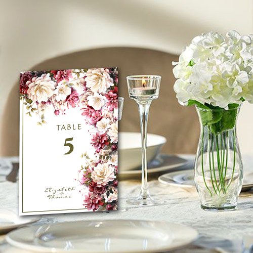 White  Pink  Elegant Spring Flowers Wedding Table Number