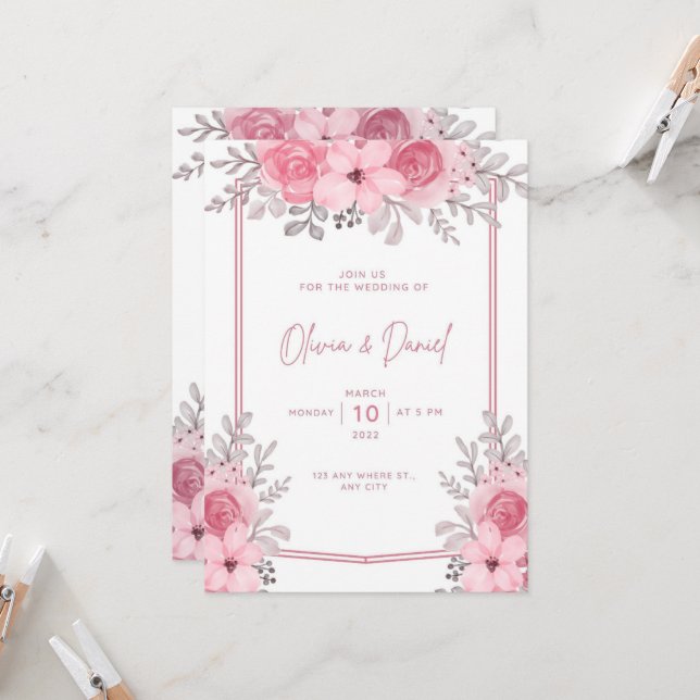 White Pink Elegant Wedding Invitation with flowers (Front/Back In Situ)