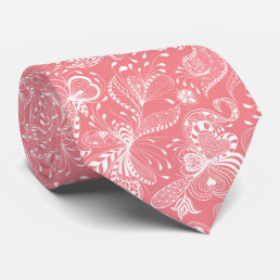 White &amp; Pink Exotic Floral Swirls Neck Tie
