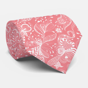 White & Pink Exotic Floral Swirls Neck Tie