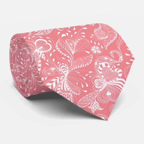 White  Pink Exotic Floral Swirls Neck Tie