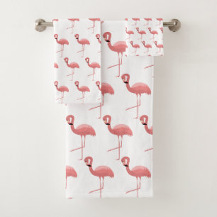 WHITE PINK FLAMINGO PATTERN BATHROOM TOWEL SET