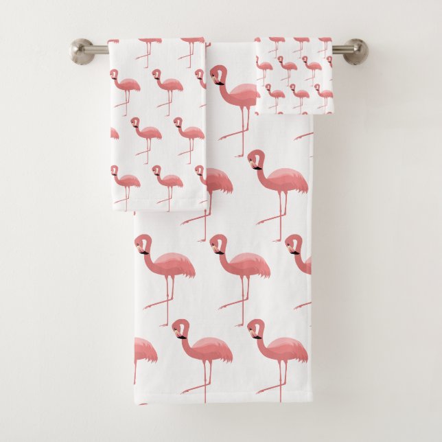 WHITE PINK FLAMINGO PATTERN BATHROOM TOWEL SET (Insitu)
