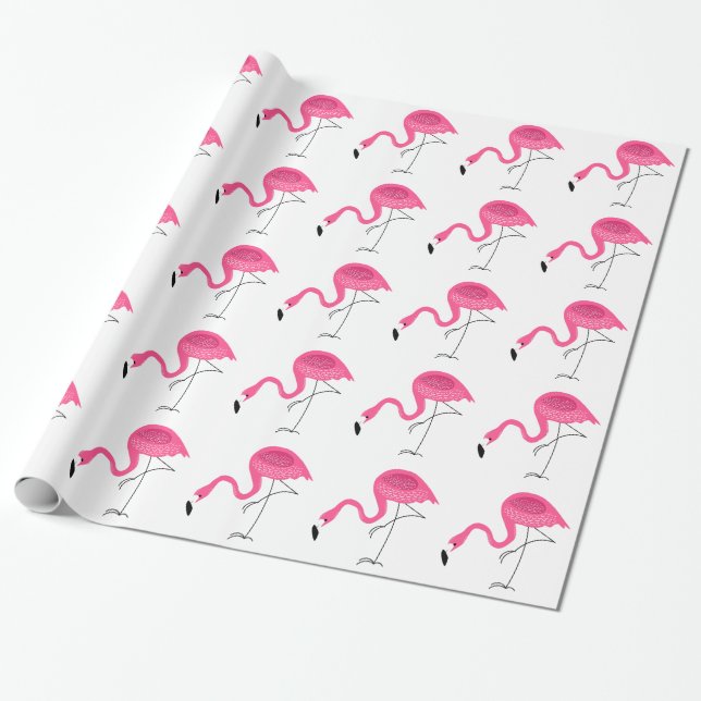 White & Pink Flamingos Pattern Wrapping Paper (Unrolled)