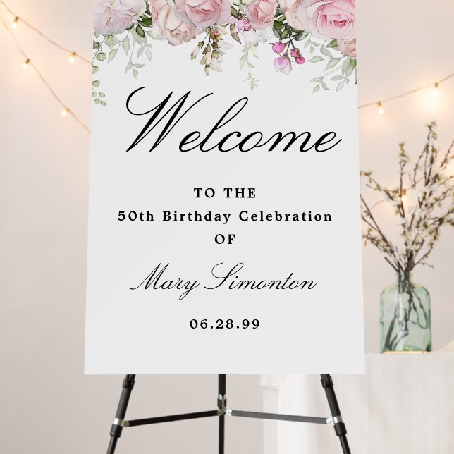 White Pink Floral 50th Birthday Welcome Sign (In Situ (Stand))