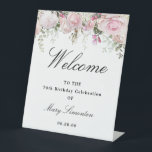 White Pink Floral 70th Birthday Welcome Pedestal Sign<br><div class="desc">Welcome guests to your birthday party with this elegant floral design. A lush floral border of blush pink roses and white hydrangea flowers is placed at the top. Welcome is written in a large trending font. The remainder of the text is a classic combination of an upright and italic font....</div>
