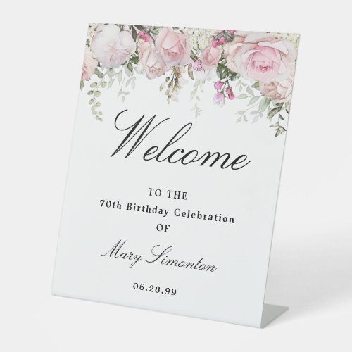 White Pink Floral 70th Birthday Welcome Pedestal Sign