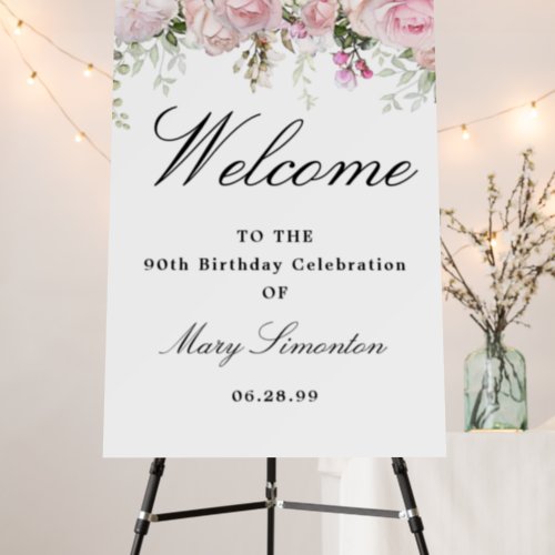 White Pink Floral 90th Birthday Welcome Sign