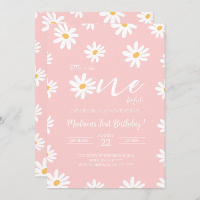 White & Pink Floral Daisy Birthday  Invitation (Front/Back)