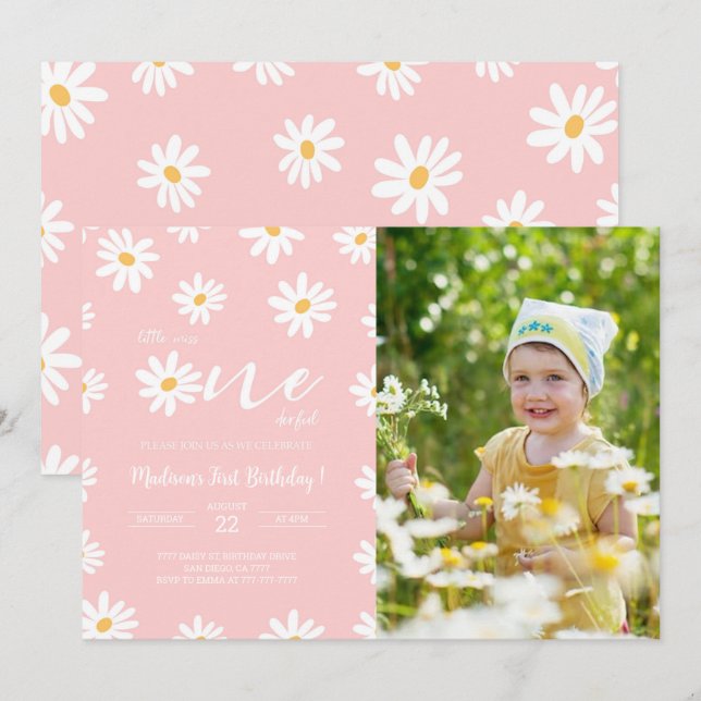 White & Pink Floral Daisy Photo  Invitation (Front/Back)