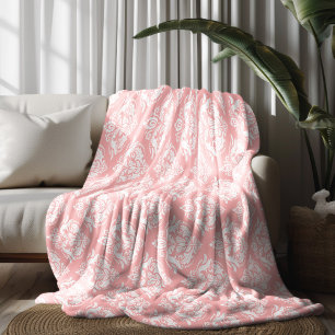 White & Pink Floral Damasks Pattern Fleece Blanket