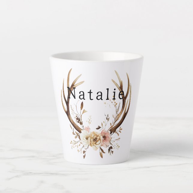 White Pink Floral Deer Antlers Personalized Latte Mug (Front)