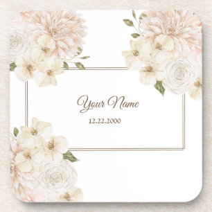 White Pink Floral Frame Modern Wedding Party Beverage Coaster