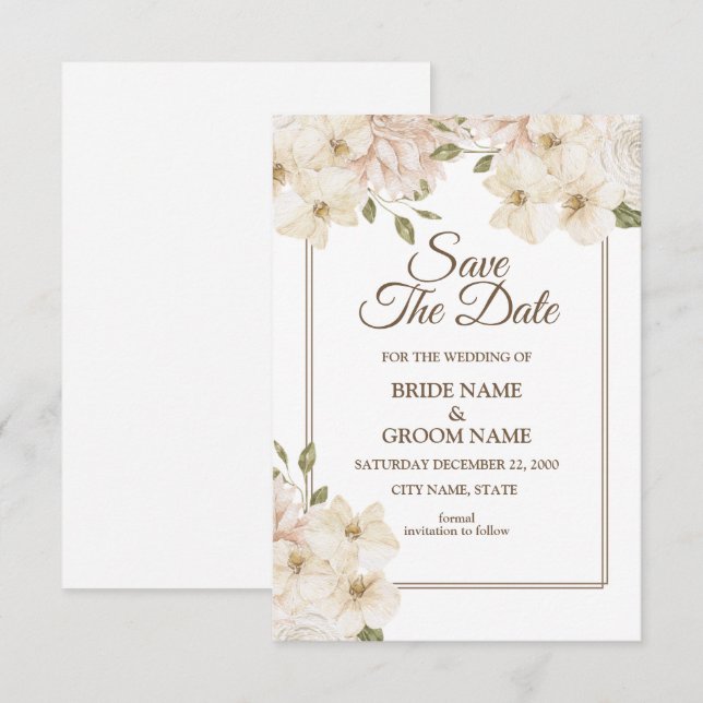 White Pink Floral Frame Modern Wedding Save The Date (Front/Back)