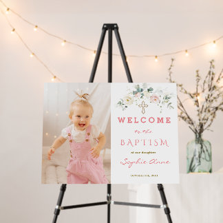 White Pink Floral Girl Photo Baptism Welcome Sign