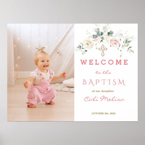 White Pink Floral Girl Photo Baptism Welcome Sign