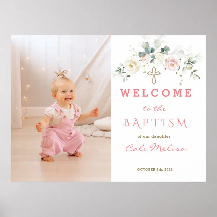 White Pink Floral Girl Photo Baptism Welcome Sign | Zazzle