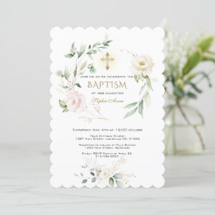 White Pink Floral Greenery Gold Cross Baptism Invitation
