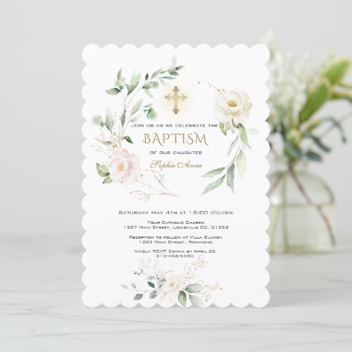 White Pink Floral Greenery Gold Cross Baptism  Invitation
