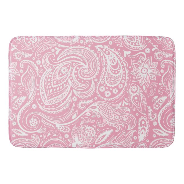 White & Pink Floral Paisley Lace Pattern Bath Mat (Front)