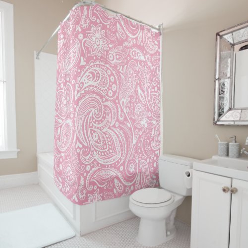 White  Pink Floral Paisley Lace Pattern Shower Curtain