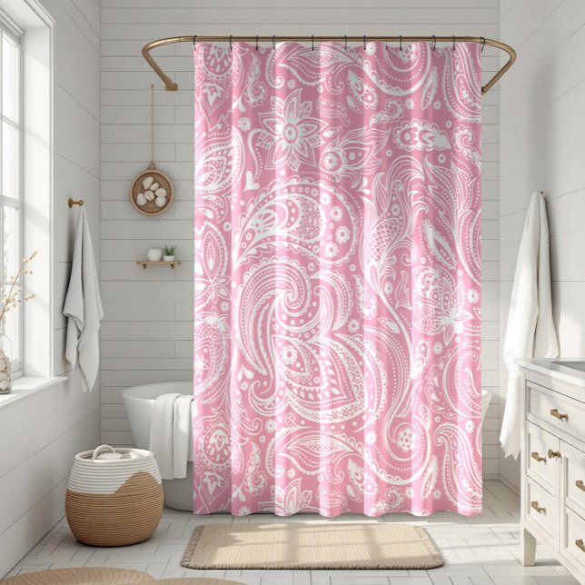 White & Pink Floral Paisley Lace Pattern Shower Curtain (Creator Uploaded)