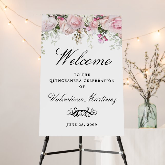 White Pink Floral Quinceanera Welcome Foam Board (In Situ (Stand))