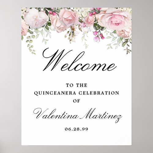 White Pink Floral Quinceanera Welcome Sign