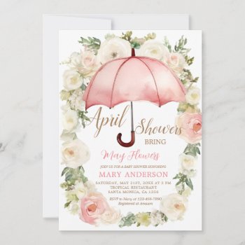 White Pink Floral Umbrella April Showers  Invitation by HappyPartyStudio at Zazzle