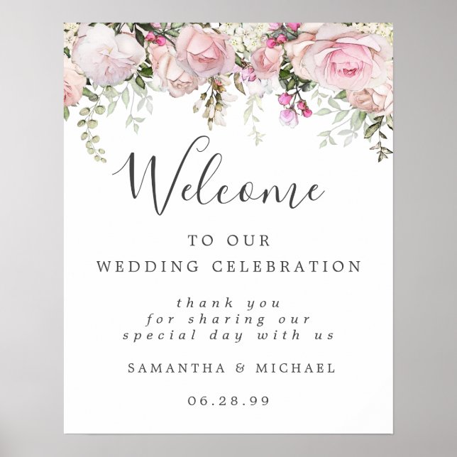 White Pink Floral Welcome to Our Wedding Sign (Front)
