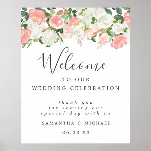 White Pink Floral Welcome to Our Wedding Sign