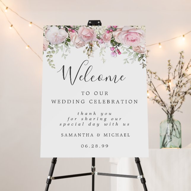 White Pink Floral Welcome to Our Wedding Sign (In Situ (Stand))